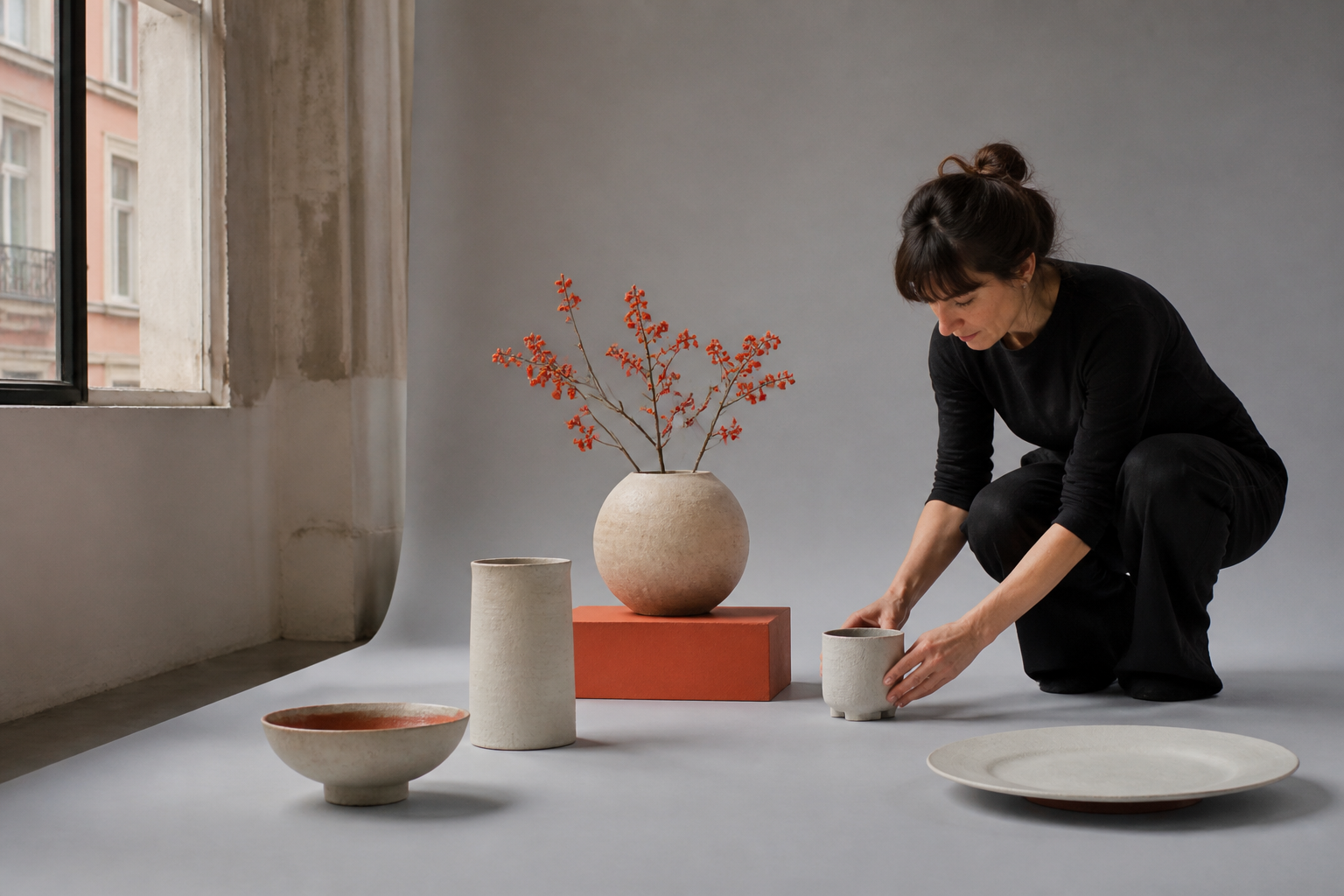 Mise en scène de céramiques artisanales dans un studio lyonnais